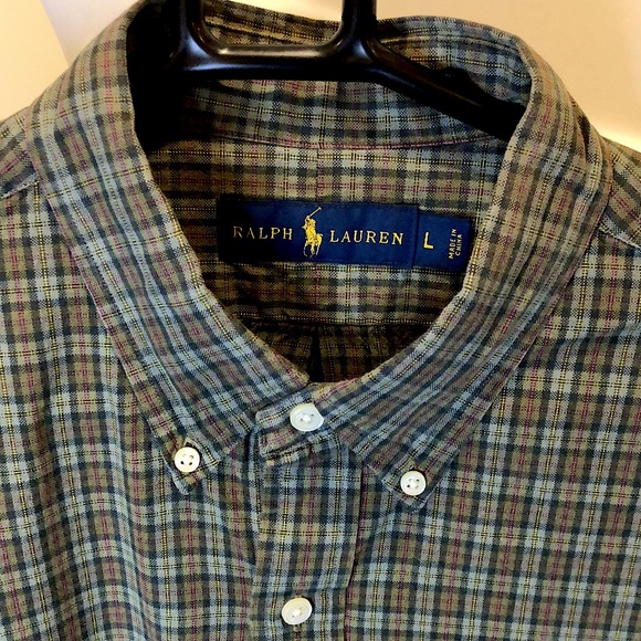 RALPH LAUREN Long Sleeve Olive Green Plaid Button Down Dress Shirt Sz Large - Picture 2 of 12